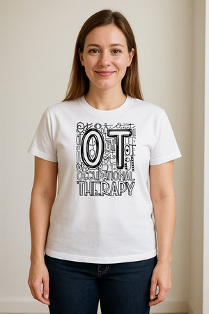 Occupational Therapist T-Shirt, OT Doodle Letter Design for Pediatric Clinicians and Therapy Students