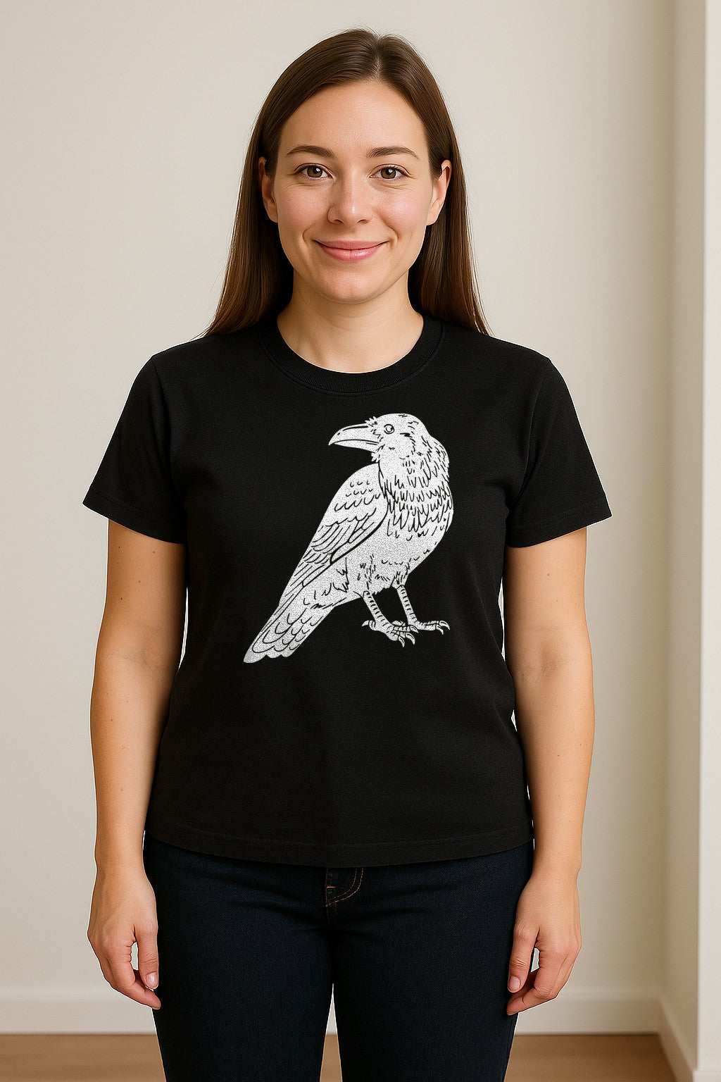 Crow T-Shirt, Detailed Raven Line Drawing for Bird Lovers, Ornithology Fans and Nature Gifts