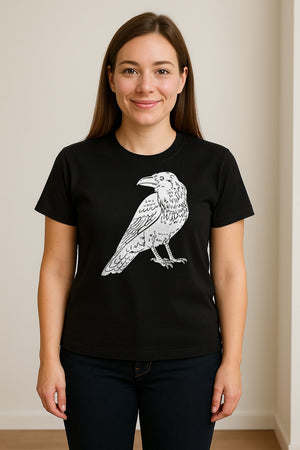 Crow T-Shirt, Detailed Raven Line Drawing for Bird Lovers, Ornithology Fans and Nature Gifts