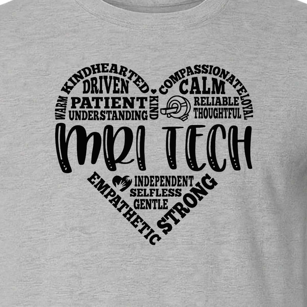 MRI Tech T-Shirt, Heart Word Art Design for Radiology Technologists and Medical Imaging Gifts
