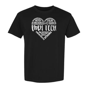 MRI Tech T-Shirt, Heart Word Art Design for Radiology Technologists and Medical Imaging Gifts