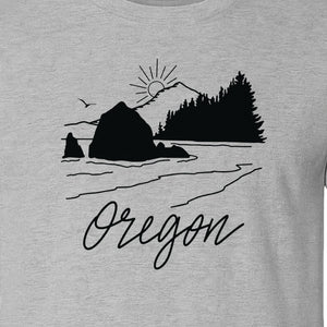 Oregon T-Shirt, Mountain Sunset Coastal Landscape Graphic for Travel and Nature Gifts
