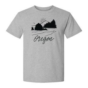 Oregon T-Shirt, Mountain Sunset Coastal Landscape Graphic for Travel and Nature Gifts