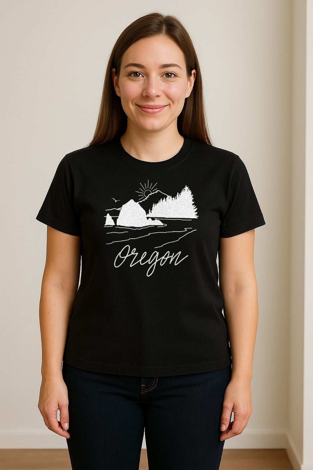 Oregon T-Shirt, Mountain Sunset Coastal Landscape Graphic for Travel and Nature Gifts