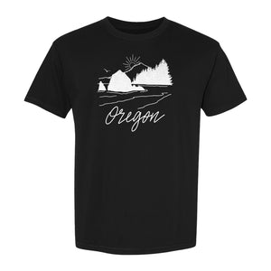 Oregon T-Shirt, Mountain Sunset Coastal Landscape Graphic for Travel and Nature Gifts