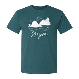 Oregon T-Shirt, Mountain Sunset Coastal Landscape Graphic for Travel and Nature Gifts