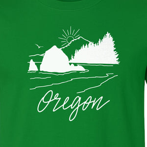 Oregon T-Shirt, Mountain Sunset Coastal Landscape Graphic for Travel and Nature Gifts