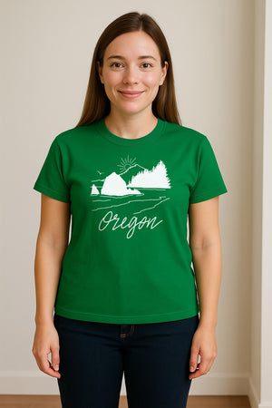 Oregon T-Shirt, Mountain Sunset Coastal Landscape Graphic for Travel and Nature Gifts