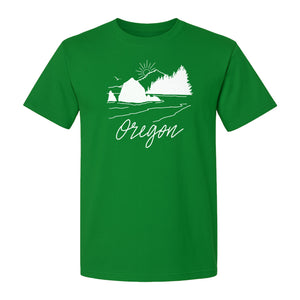 Oregon T-Shirt, Mountain Sunset Coastal Landscape Graphic for Travel and Nature Gifts