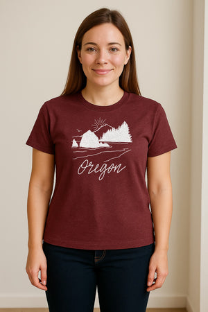 Oregon T-Shirt, Mountain Sunset Coastal Landscape Graphic for Travel and Nature Gifts