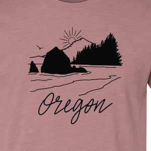 Oregon T-Shirt, Mountain Sunset Coastal Landscape Graphic for Travel and Nature Gifts