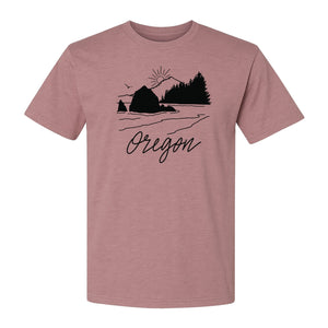 Oregon T-Shirt, Mountain Sunset Coastal Landscape Graphic for Travel and Nature Gifts