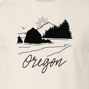 Oregon T-Shirt, Mountain Sunset Coastal Landscape Graphic for Travel and Nature Gifts