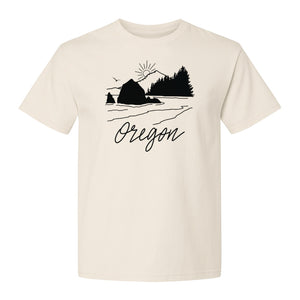 Oregon T-Shirt, Mountain Sunset Coastal Landscape Graphic for Travel and Nature Gifts