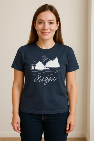 Oregon T-Shirt, Mountain Sunset Coastal Landscape Graphic for Travel and Nature Gifts
