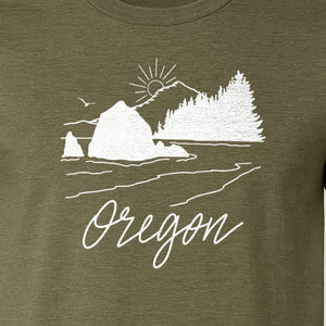 Oregon T-Shirt, Mountain Sunset Coastal Landscape Graphic for Travel and Nature Gifts