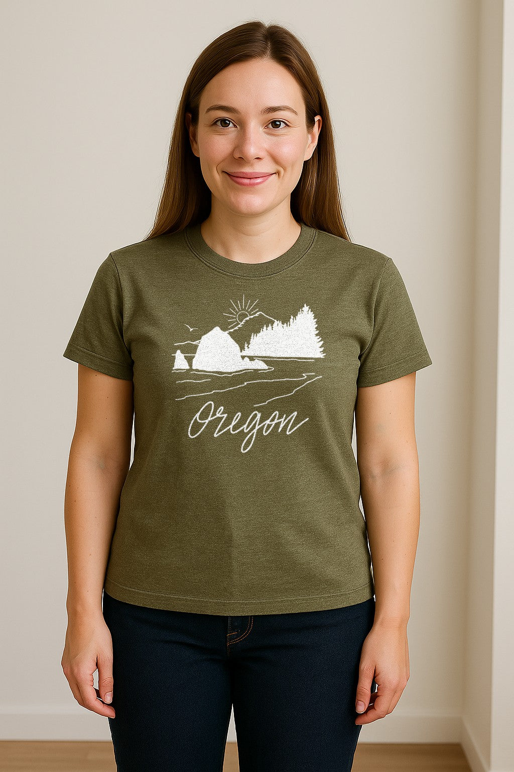 Oregon T-Shirt, Mountain Sunset Coastal Landscape Graphic for Travel and Nature Gifts