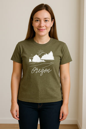 Oregon T-Shirt, Mountain Sunset Coastal Landscape Graphic for Travel and Nature Gifts