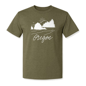 Oregon T-Shirt, Mountain Sunset Coastal Landscape Graphic for Travel and Nature Gifts