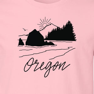 Oregon T-Shirt, Mountain Sunset Coastal Landscape Graphic for Travel and Nature Gifts