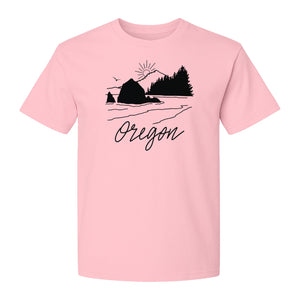 Oregon T-Shirt, Mountain Sunset Coastal Landscape Graphic for Travel and Nature Gifts
