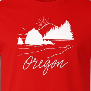 Oregon T-Shirt, Mountain Sunset Coastal Landscape Graphic for Travel and Nature Gifts
