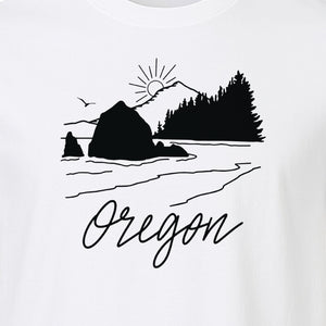 Oregon T-Shirt, Mountain Sunset Coastal Landscape Graphic for Travel and Nature Gifts