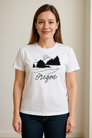 Oregon T-Shirt, Mountain Sunset Coastal Landscape Graphic for Travel and Nature Gifts