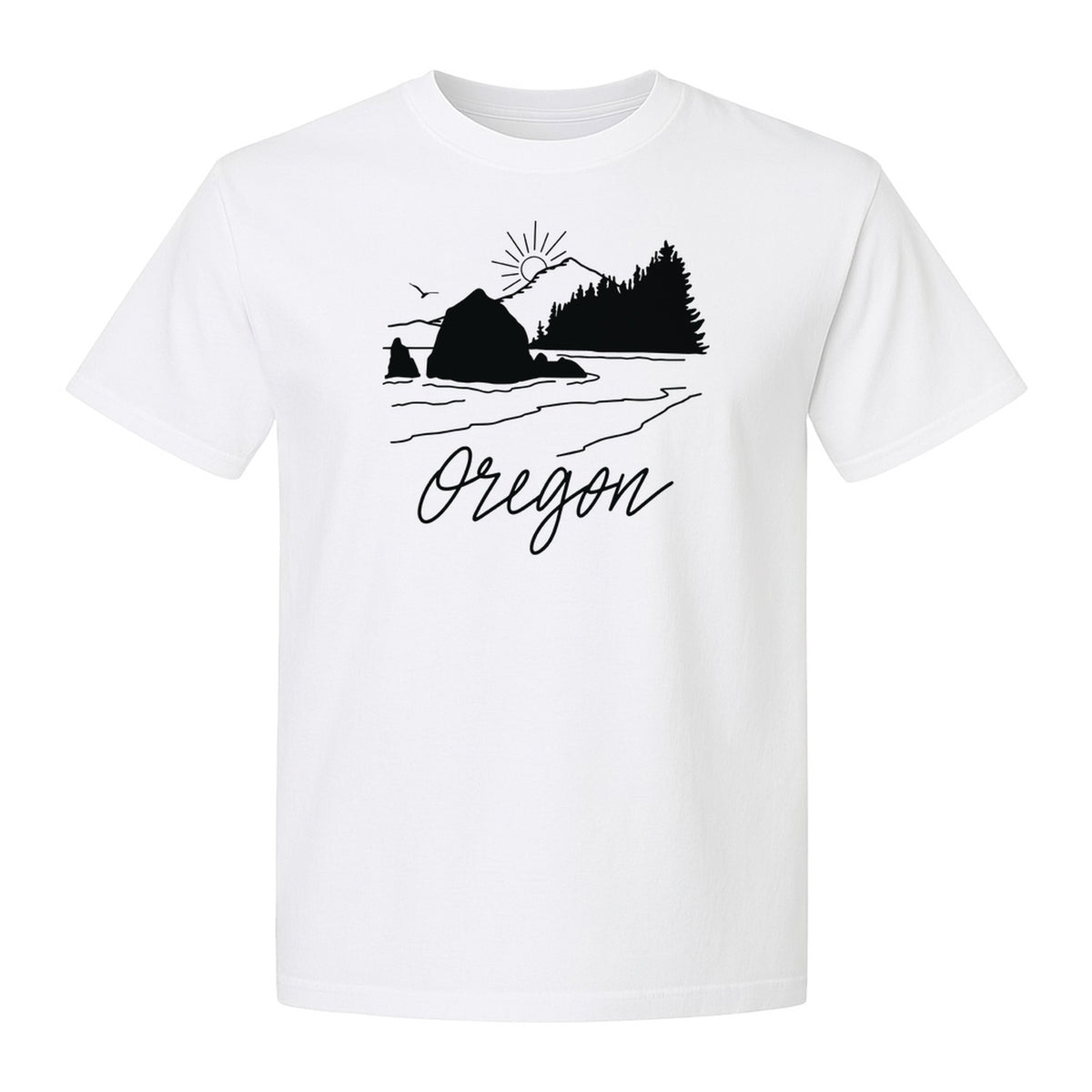 Oregon T-Shirt, Mountain Sunset Coastal Landscape Graphic for Travel and Nature Gifts