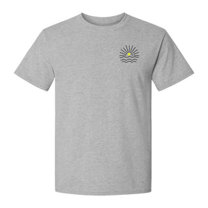 Pocket Sun T-Shirt, Minimal Sunrise Heart and Wave Design for Beach Days and Summer Vacations