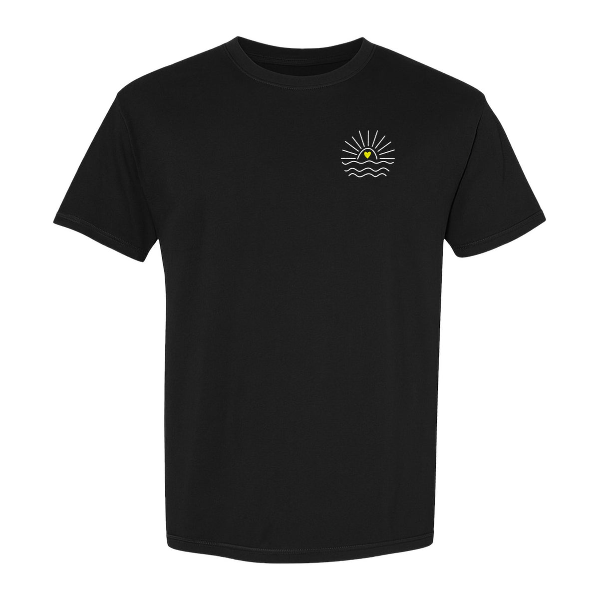 Pocket Sun T-Shirt, Minimal Sunrise Heart and Wave Design for Beach Days and Summer Vacations