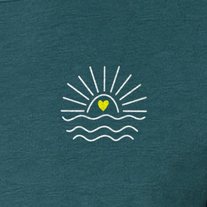 Pocket Sun T-Shirt, Minimal Sunrise Heart and Wave Design for Beach Days and Summer Vacations