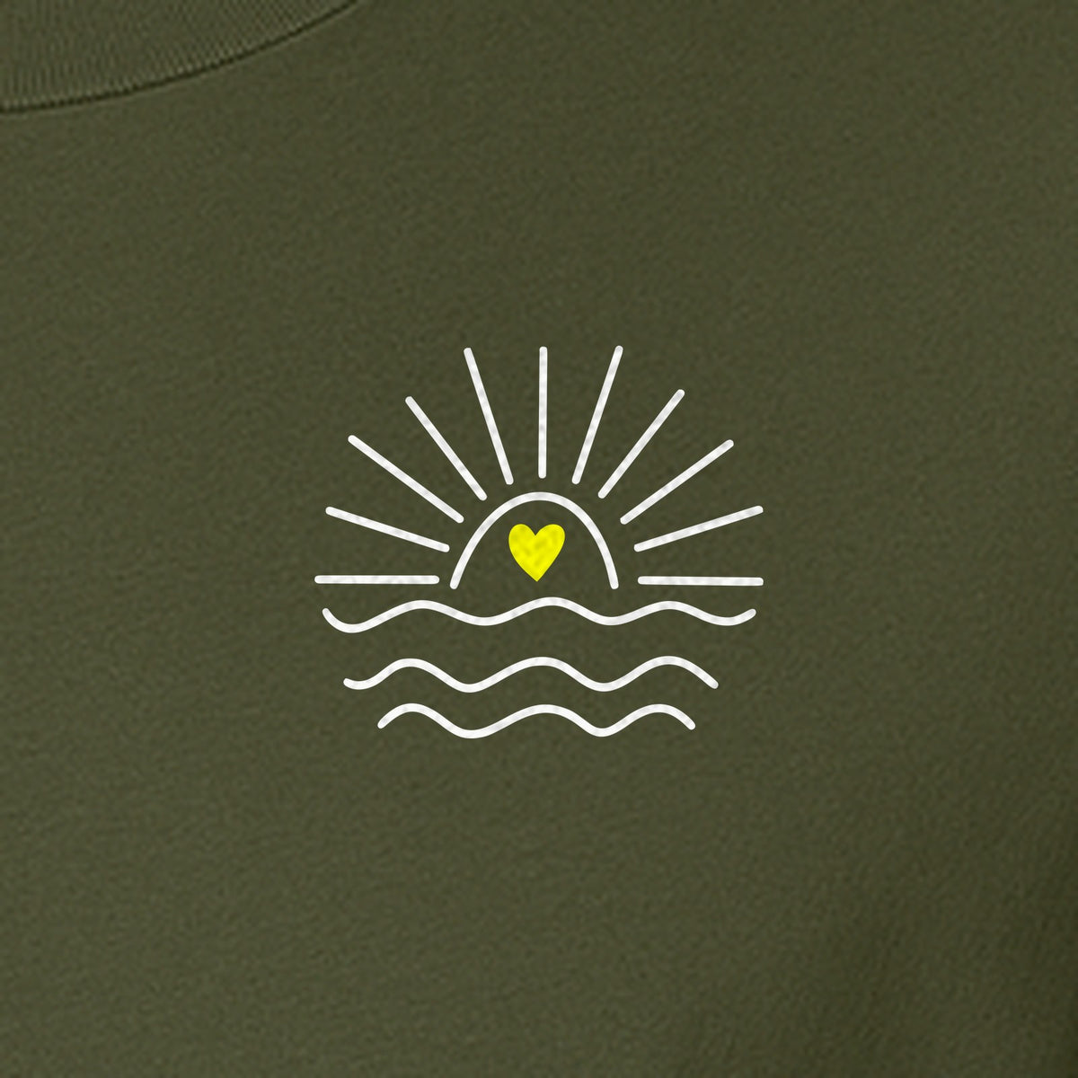Pocket Sun T-Shirt, Minimal Sunrise Heart and Wave Design for Beach Days and Summer Vacations