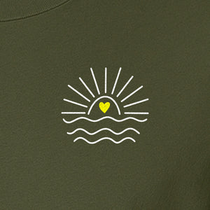 Pocket Sun T-Shirt, Minimal Sunrise Heart and Wave Design for Beach Days and Summer Vacations