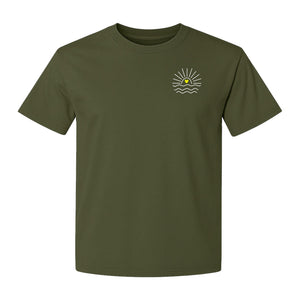 Pocket Sun T-Shirt, Minimal Sunrise Heart and Wave Design for Beach Days and Summer Vacations