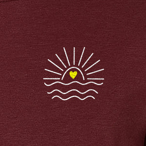 Pocket Sun T-Shirt, Minimal Sunrise Heart and Wave Design for Beach Days and Summer Vacations