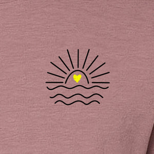 Pocket Sun T-Shirt, Minimal Sunrise Heart and Wave Design for Beach Days and Summer Vacations