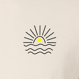 Pocket Sun T-Shirt, Minimal Sunrise Heart and Wave Design for Beach Days and Summer Vacations