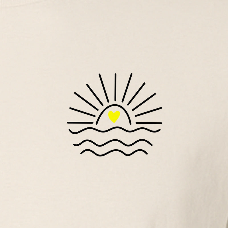 Pocket Sun T-Shirt, Minimal Sunrise Heart and Wave Design for Beach Days and Summer Vacations