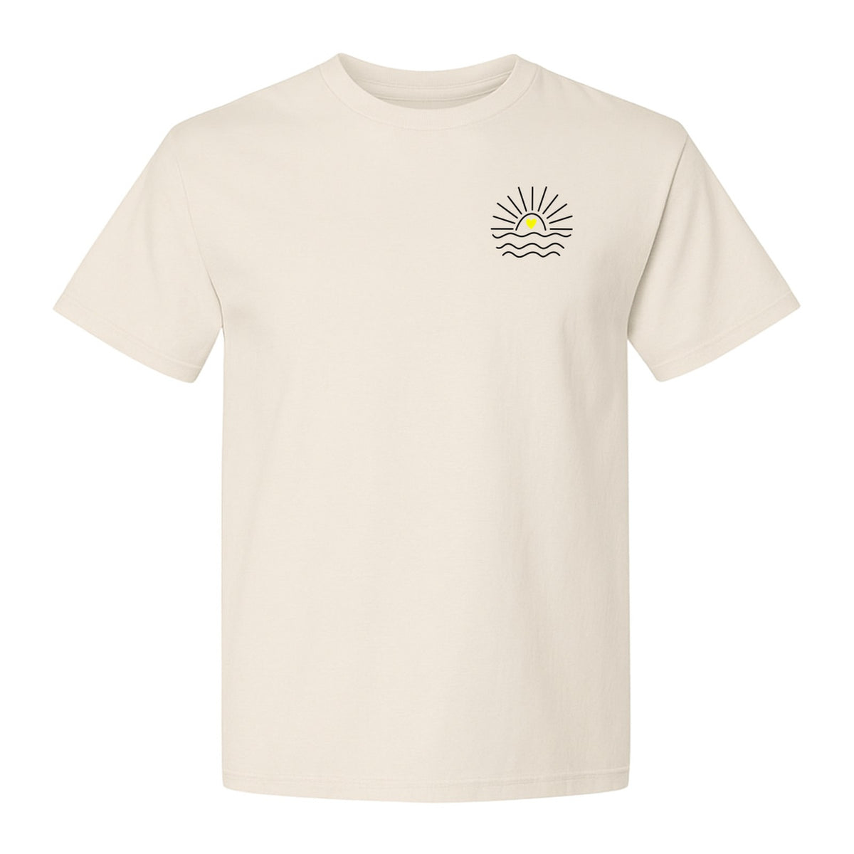 Pocket Sun T-Shirt, Minimal Sunrise Heart and Wave Design for Beach Days and Summer Vacations