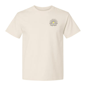 Pocket Sun T-Shirt, Minimal Sunrise Heart and Wave Design for Beach Days and Summer Vacations