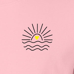Pocket Sun T-Shirt, Minimal Sunrise Heart and Wave Design for Beach Days and Summer Vacations