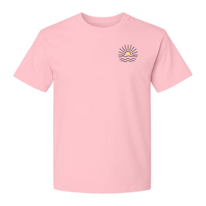 Pocket Sun T-Shirt, Minimal Sunrise Heart and Wave Design for Beach Days and Summer Vacations