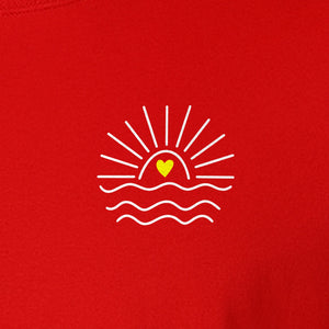 Pocket Sun T-Shirt, Minimal Sunrise Heart and Wave Design for Beach Days and Summer Vacations