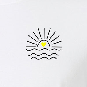 Pocket Sun T-Shirt, Minimal Sunrise Heart and Wave Design for Beach Days and Summer Vacations