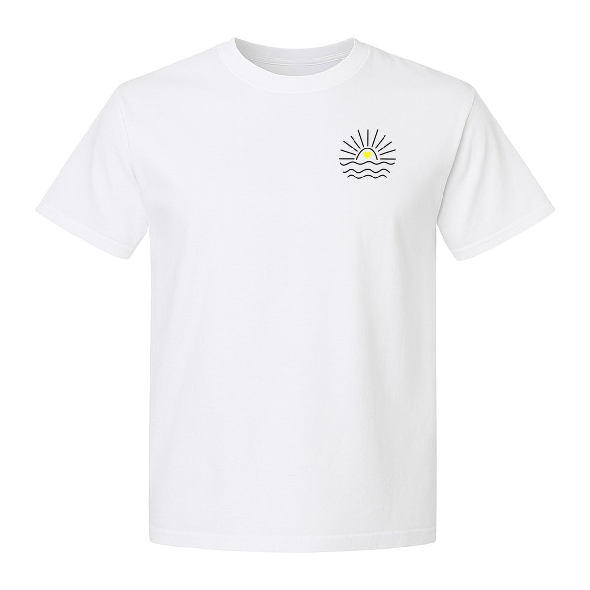 Pocket Sun T-Shirt, Minimal Sunrise Heart and Wave Design for Beach Days and Summer Vacations