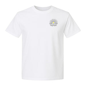 Pocket Sun T-Shirt, Minimal Sunrise Heart and Wave Design for Beach Days and Summer Vacations