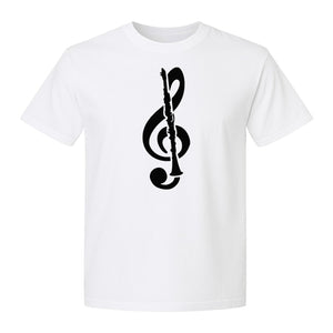 Clarinet T-Shirt, Distressed Treble Clef Musician Graphic for Band Members and Music Lovers