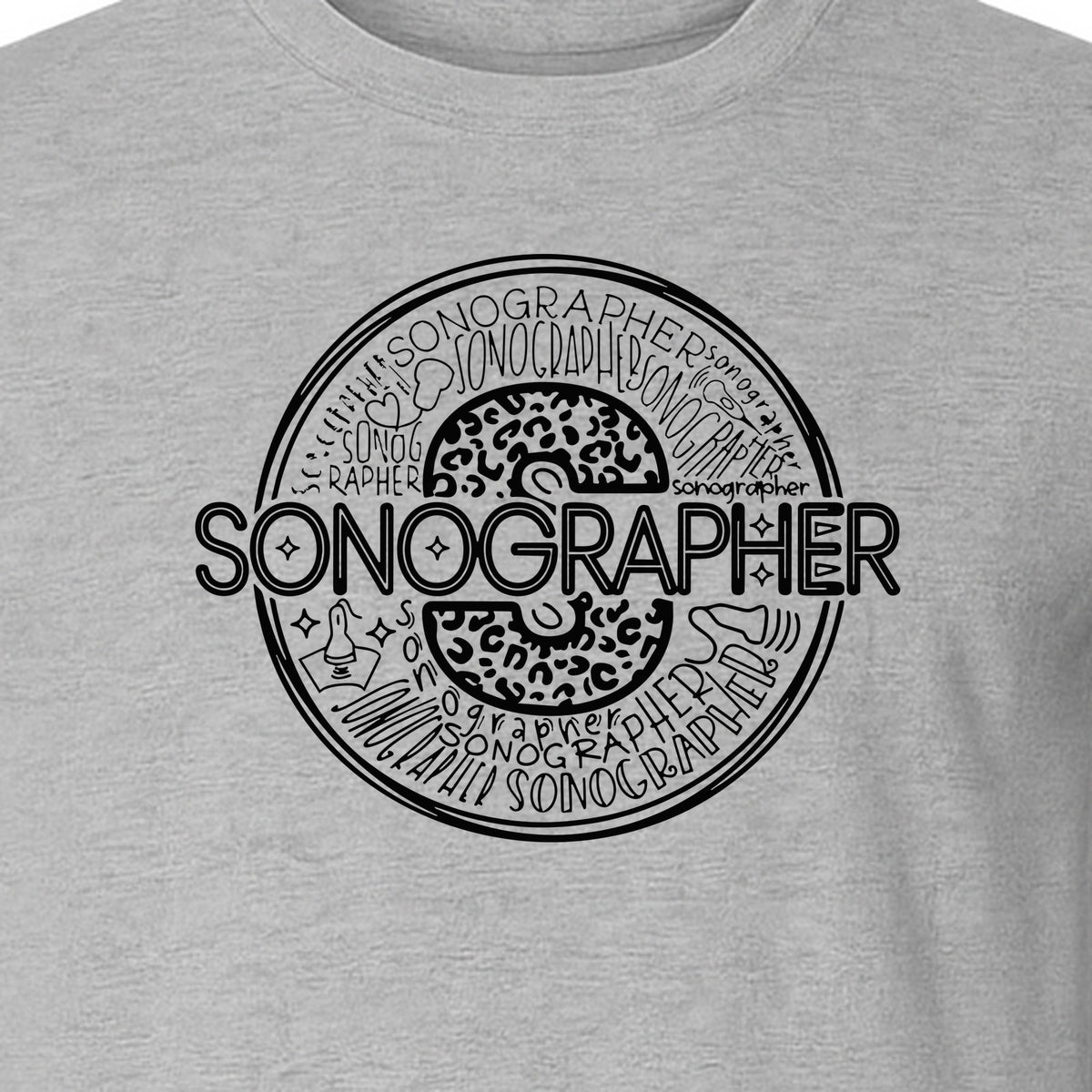Sonographer T-Shirt, Circular Medical Word Art Design for Ultrasound Techs and Healthcare Staff