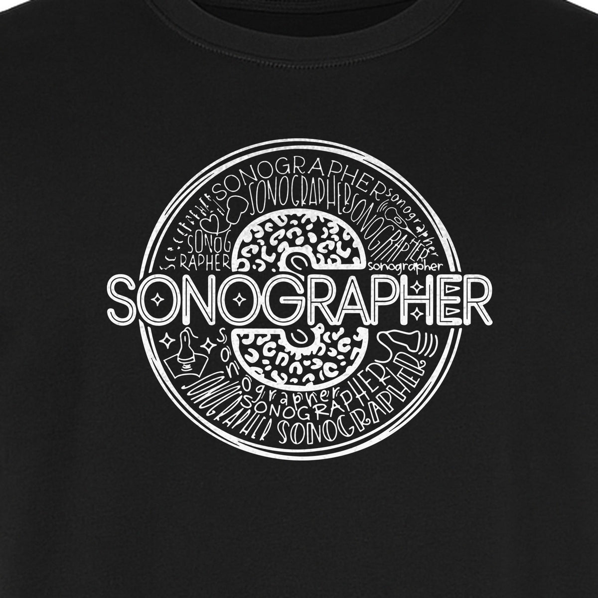 Sonographer T-Shirt, Circular Medical Word Art Design for Ultrasound Techs and Healthcare Staff